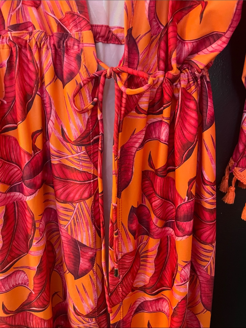 Tropical Print Tassel Kimono Cover-Up Drawstring Waist | Estimated Size M - Picture 4 of 8